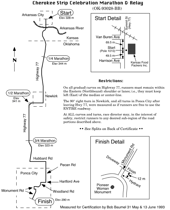 Exemplo de mapa de percurso, com desenho dos detalhes e locação de largada e chegada e indicação em texto de restrições do percurso