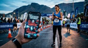 Celular exibe alertas de fraude e erro de pagamento em destaque, com uma corredora de maratona ao fundo