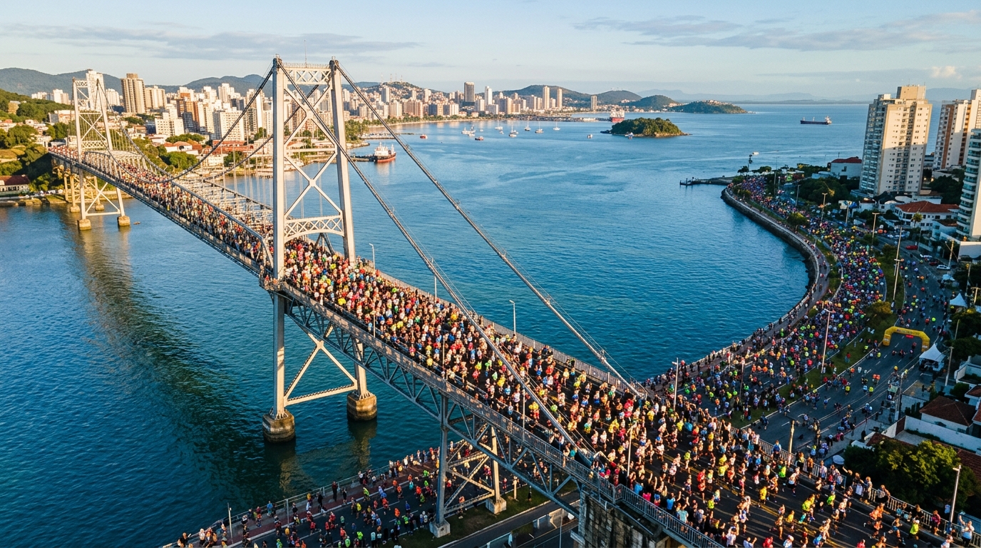 Milhares de pessoas correndo sobre a Ponte Hercílio Luz e pela orla de Florianópolis durante uma maratona